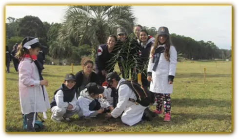 Schoolchildren and high school students planting trees in a reforestation area at Santa Teresa National Park
