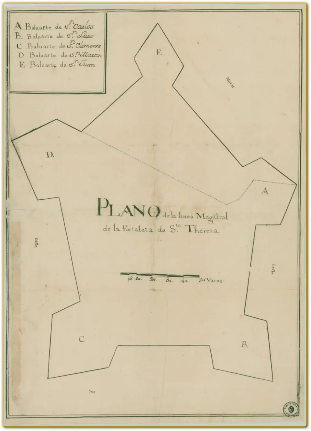 Historic plan of Santa Teresa Fortress showing bastions and defensive walls