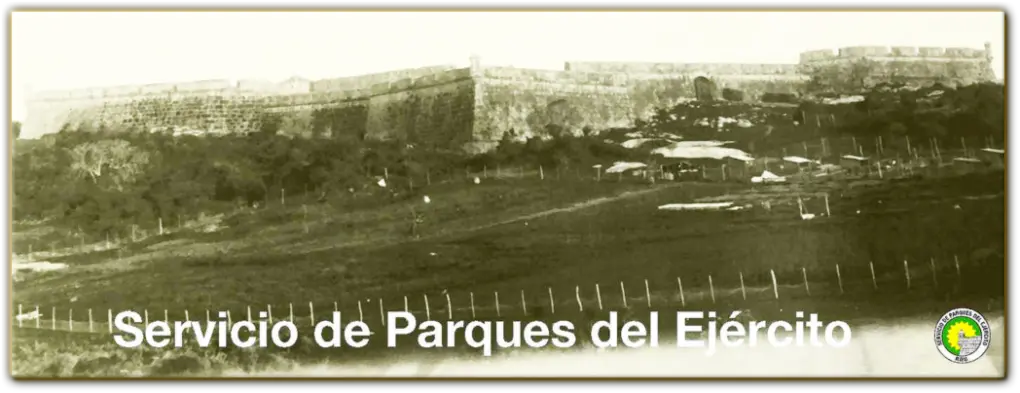 Historic image of the reconstructed Santa Teresa Fortress during the early development of the national park