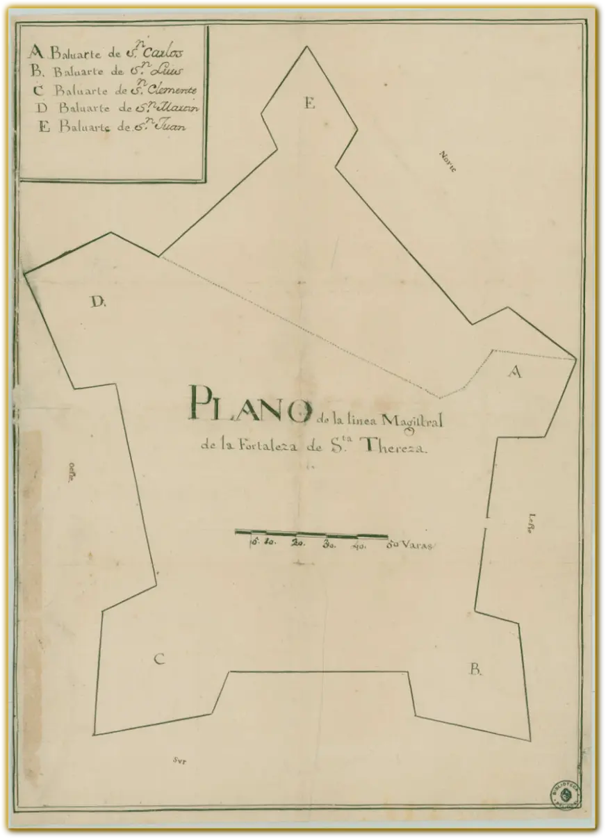 Plano historico de la Fortaleza de Santa Teresa, en el que se pueden apreciar los bastiones y los muros defensivos.