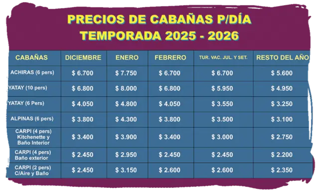 Tarifas cabañas a partir del 1° de junio de 2024